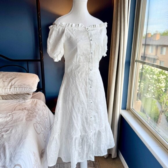 White Eyelet Prairie Peasant Summer Off Shoulder Midi Dress - Picture 1 of 14
